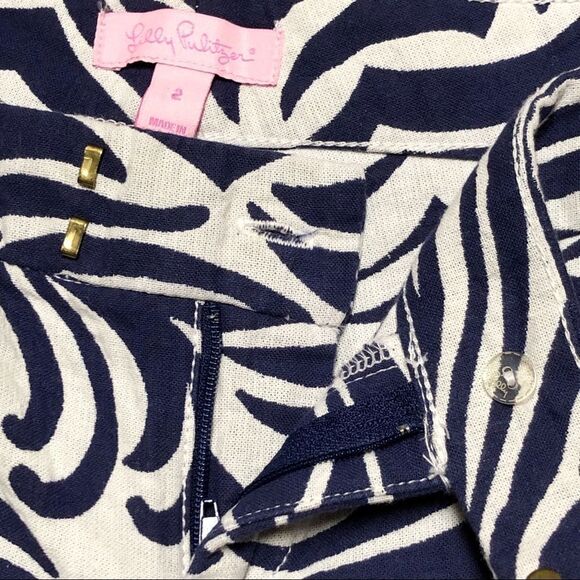 Lilly Pulitzer Navy Blue White Print Textured Capri Ankle Split Hem Kelly Pant 2 - Picture 7 of 9